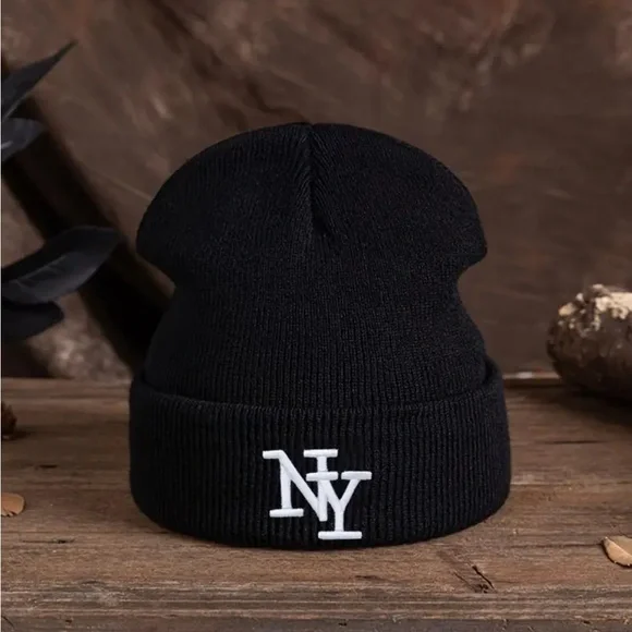 New York NY Logo Embroidered Beanie Hat Black or White Winter Knit Cap Unisex OS - Picture 2 of 4